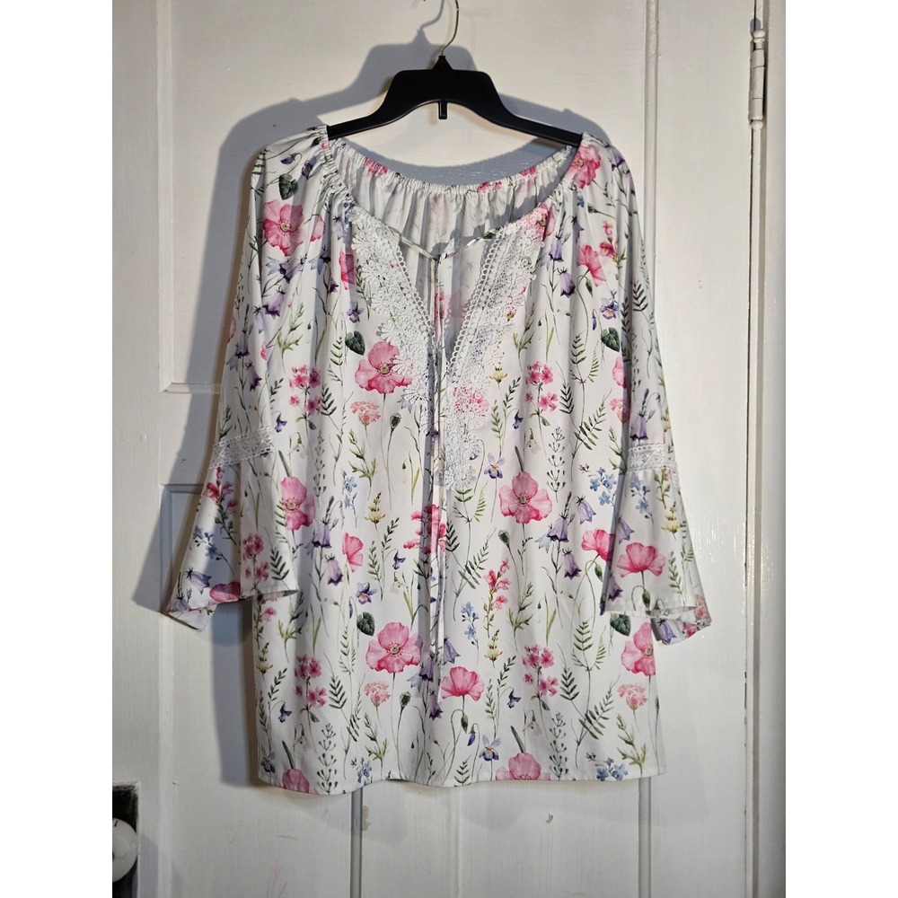 Floral Crochet Lace Trim Bell Sleeve Tunic Top Pink White Boho V-Neck Blouse